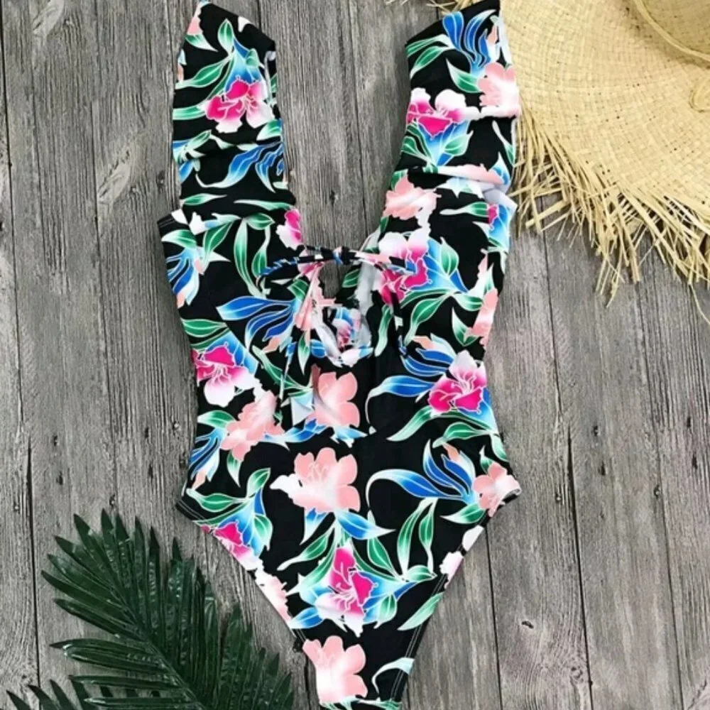 New Floral Print Plunge Front One Piece Swimsuit